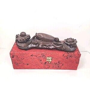 Vintage Wooden Sculpture Carved Wood Koi Fish Lotus Chinese Fortune W/Box
